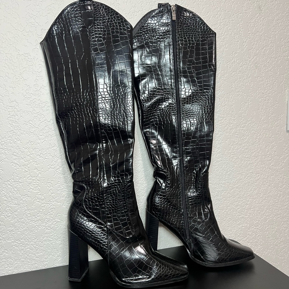 Black Croc Knee High Western Boots